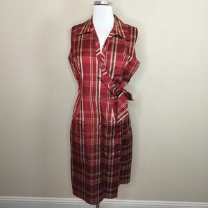 ICE Red Plaid Silk Wrap Dress Sleeveless Holiday Preppy Classic